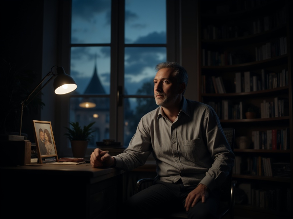 Un psiholog de vârstă mijlocie, singur în cabinetul său la amurg, reflectând asupra singurătății și pierderii, cu o fotografie a soției decedate pe birou.