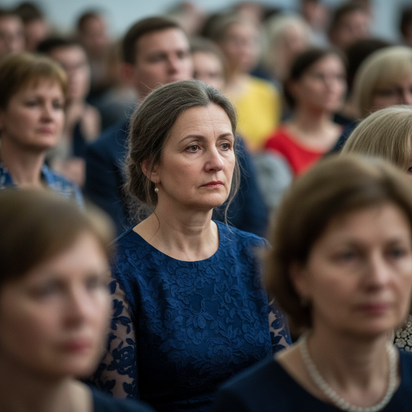 O femeie de 55 de ani stând singură într-o mulțime, înconjurată de siluete vagi la un eveniment social, cu o privire reflectivă și o dorință de conexiune autentică.