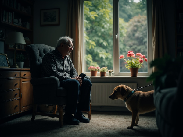 Un psiholog în vârstă, Victor, privind cu apatie și oboseală profundă dintr-o cameră întunecată spre un grădină și un câine, simboluri ale plăcerilor pierdute, în timp ce se simte prins într-o beznă emoțională.