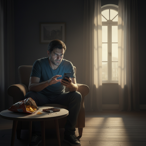 Un bărbat izolat, cu anxietate, privind un telefon, înconjurat de semne ale dorinței de conexiune și ale mecanismelor de coping emoțional.