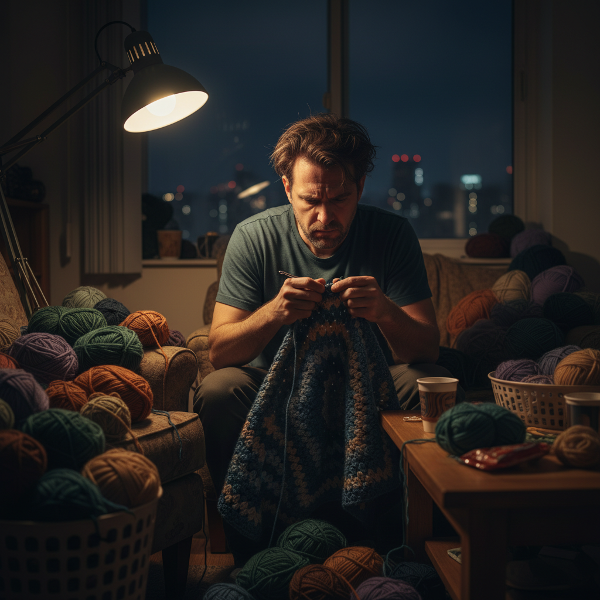 Un bărbat croșetează noaptea târziu într-o cameră slab luminată, înconjurat de lână, arătând concentrare dar și oboseală și izolare.