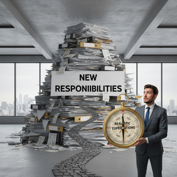 Un bărbat se confruntă cu un munte de documente reprezentând noile responsabilități, găsind o cale prin el cu ajutorul unui instrument de orientare.