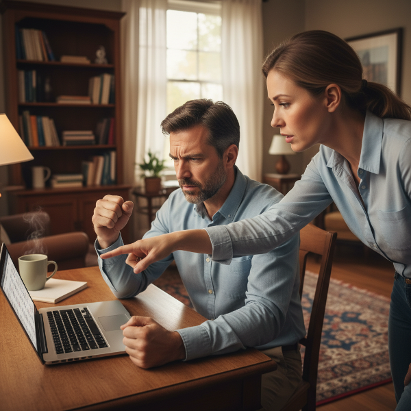 Un bărbat simte furie și presiune internă în timp ce îi explică soției sale o problemă tehnică la computer, într-un mediu domestic aparent liniștit.