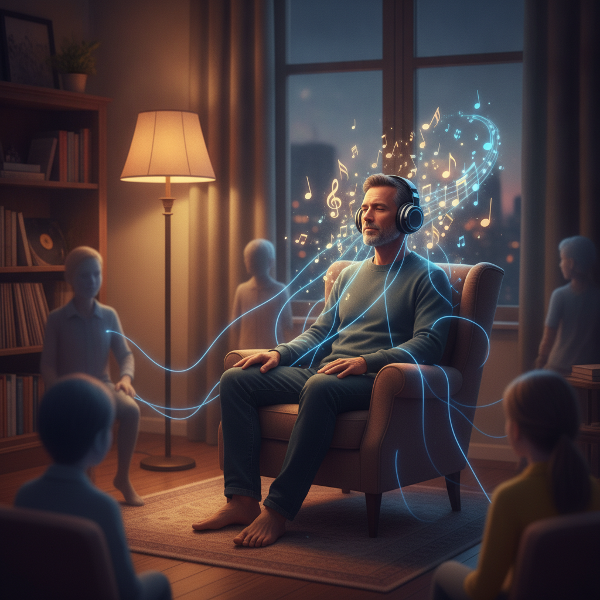 O ilustrație caldă, cu un bărbat meditativ, înconjurat de note muzicale și firicele de lumină ce leagă siluete umane, exprimând depășirea singurătății prin muzică.