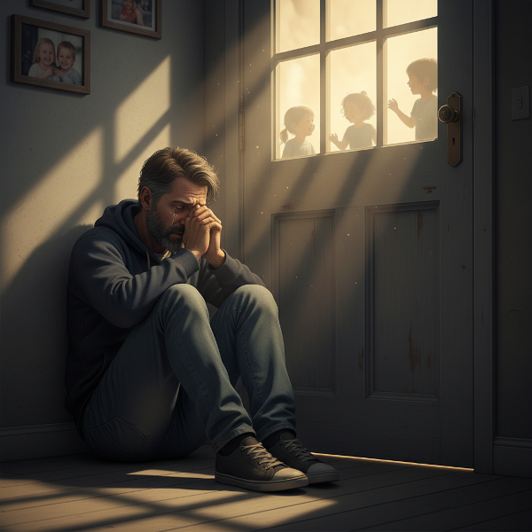 Un bărbat se confruntă cu agorafobie și izolare, privind cu teamă ușa închisă, în timp ce lumina din camera alăturată sugerează legătura cu familia.