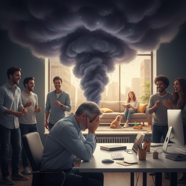 Un bărbat de 54 de ani, izolat la birou, înconjurat de colegi tineri, cu un nor întunecat de frustrare deasupra lui și o fereastră către o scenă domestică liniștită.