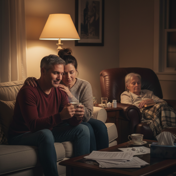 Un cuplu de vârstă mijlocie se relaxează împreună pe canapea într-un living luminat discret, într-o atmosferă de oboseală dar și de apropiere emoțională, cu un părinte în vârstă adormit în fotoliu.