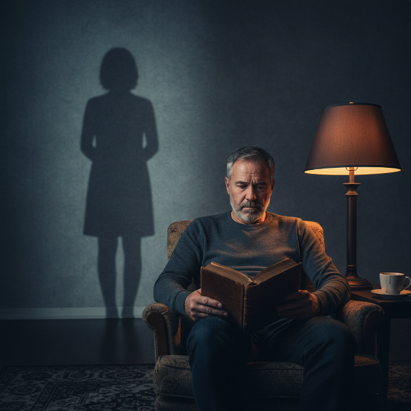 Un bărbat singur în living, privind gânditor, cu o umbră feminină distantă în fundal.