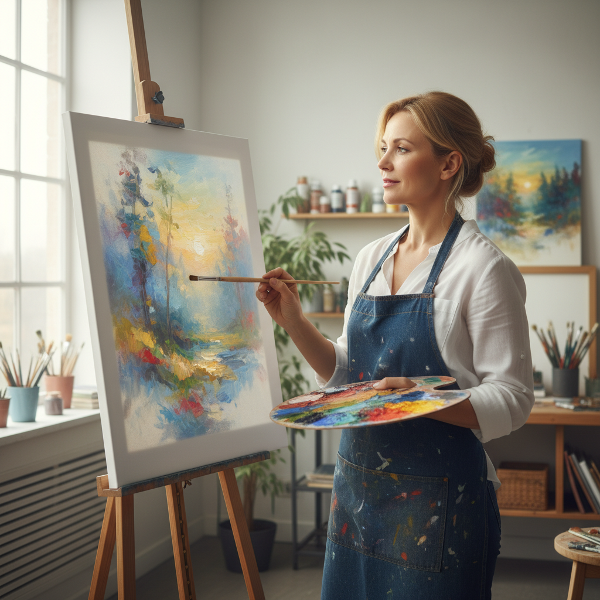 O femeie stă în fața unei pânze goale, reflectând tranziția de la o carieră tehnică la una artistică, cu o pictură vibrantă sugerând potențialul ascuns.