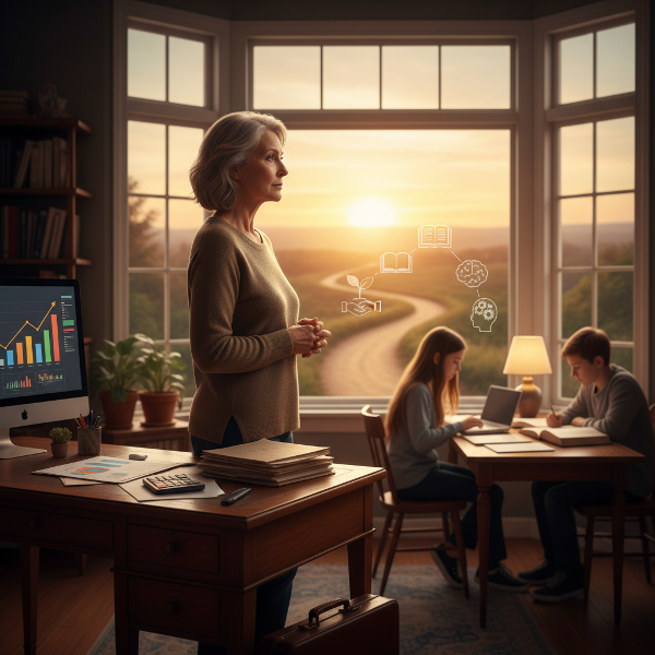 O femeie în vârstă mijlocie stă la răscruce, privind meditativ pe fereastră. În jurul ei, simboluri ale carierei financiare stabile și ale unei noi căi către împlinire personală și familie.