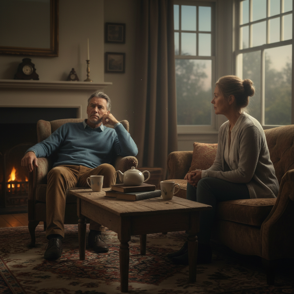 Un cuplu matur într-un living, separați de o distanță emoțională vizibilă, reflectând tranziția și rutina după mulți ani de căsnicie.