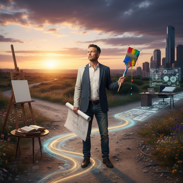 O imagine care ilustrează un adult la răscruce, ținând în mâini atât planurile unei cariere stabilite, cât și unelte creative, cu o cale luminoasă către o nouă descoperire de sine.