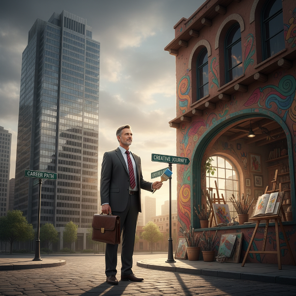 Un bărbat la răscruce de drumuri între lumea corporatistă și un atelier de artă, simbolizând căutarea identității și a pasiunilor autentice după o viață dedicată așteptărilor altora.