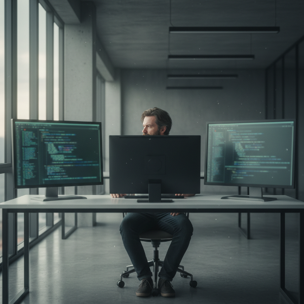 Un dezvoltator software în vârstă de 40 de ani privește gol un ecran de computer, simțind epuizare emoțională și lipsă de sens în mijlocul unui birou modern.