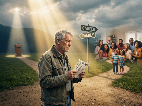 Un bărbat la răscruce de drumuri, între provocările profesionale și cele familiale, cu o lumină blândă de speranță.