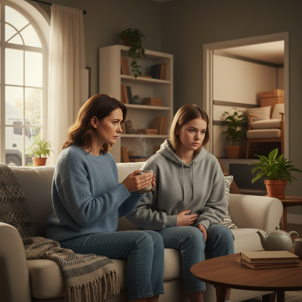 O mamă îngrijorată și fiica ei adolescentă într-un living liniștit, cu ceai, ilustrând o încercare delicată de reconectare și suport emoțional.