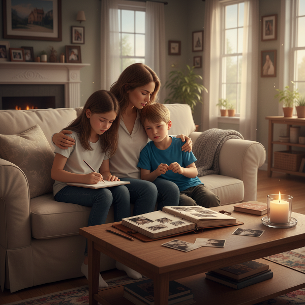 O mamă oferă alinare celor doi copii ai săi aflați în doliu, într-un cadru domestic cald ce simbolizează sprijinul și amintirea.