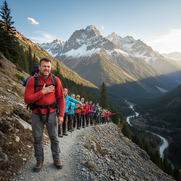 Un ghid montan simte o durere în piept în timp ce conduce un grup mare de turiști pe un traseu dificil.