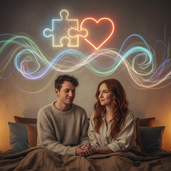 Un cuplu neurodivers într-un moment de tandrețe și înțelegere, cu simboluri abstracte ale conexiunii și procesării emoționale.