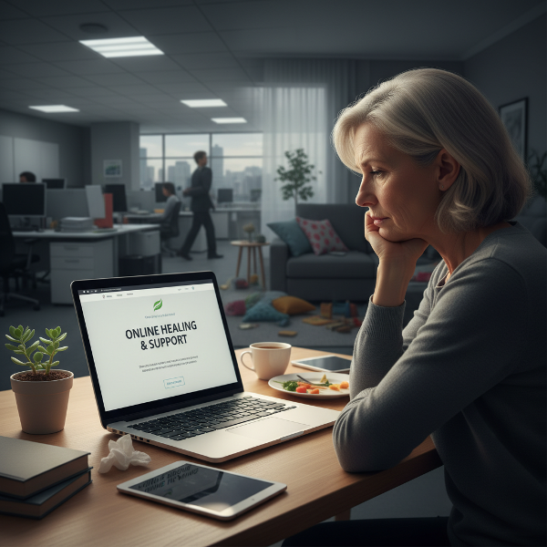 O femeie meditând la biroul ei de acasă, cu un laptop deschis, reflectând tensiunea dintre viața profesională și cea personală.