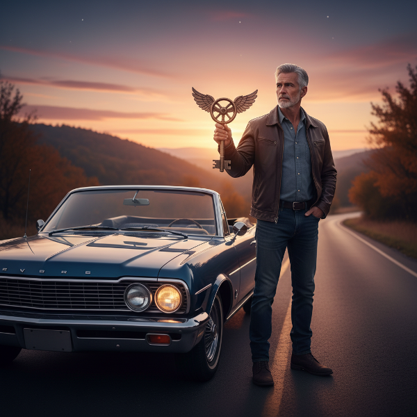 Un bărbat în vârstă de 60 de ani stă lângă o mașină pe un drum liniștit, simbolizând lupta și speranța de a depăși o fobie de condus după un accident.