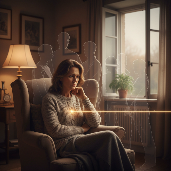 O femeie meditând într-o cameră caldă, înconjurată de siluete transparente, cu un fir luminos ce simbolizează dorința de conexiune autentică.