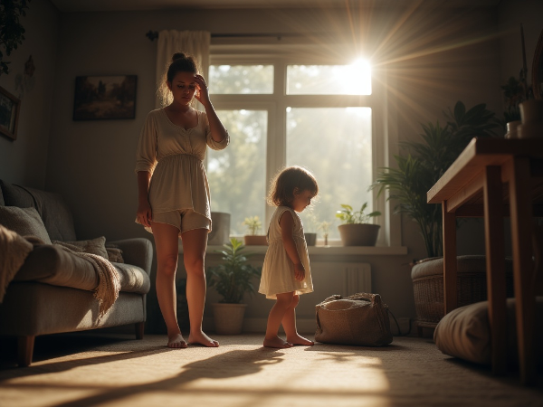 O mamă copleșită de responsabilități, într-un moment de furie și regret, în timp ce copilul ei se ascunde.