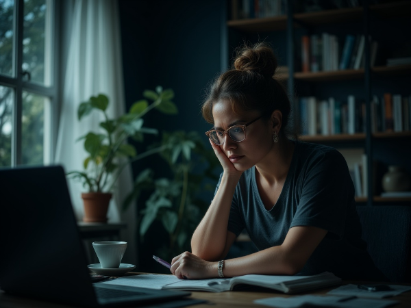 O femeie de 47 de ani, epuizată și tristă, lucrând noaptea târziu, izolată de prieteni și familie, într-un ciclu de workaholism și tensiuni personale.