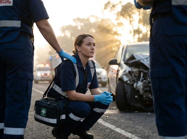 O paramedică înghețată într-un moment de criză la locul unui accident, cu colegii alături, în timp ce o lumină blândă a zorilor simbolizează speranța.