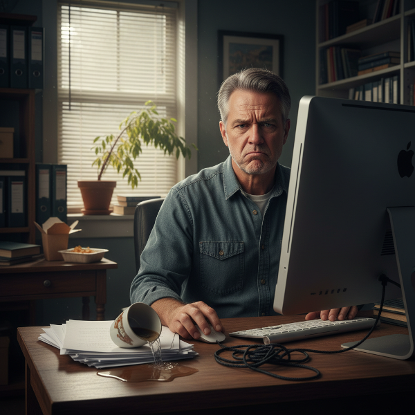 Un psiholog în biroul său de acasă, înconjurat de simboluri ale stresului cronic și izolării, reflectând iritabilitatea și epuizarea emoțională.