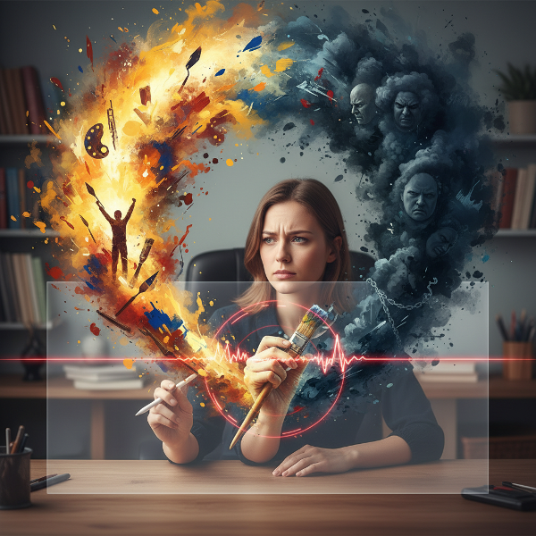 O imagine simbolică a unui pictor a cărui mână dreaptă, ținând o pensulă, este punctul central al unui conflict între ambiția artistică colorată și presiunea familială cenușie, reprezentând durerea psihosomatică și blocajul creativ.