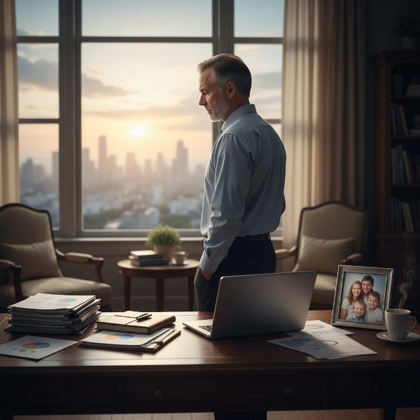 Un psiholog de 61 de ani, cu o afacere de succes, se simte gol și detașat, privind dimineața devreme fără entuziasm, în ciuda unui birou ordonat și a unei fotografii de familie.