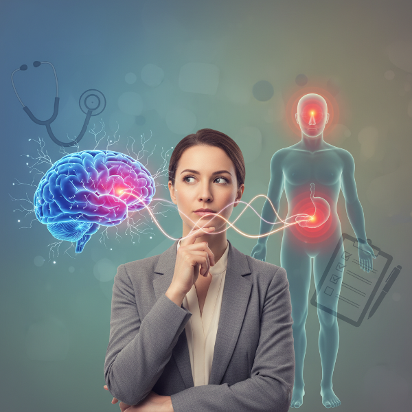 O ilustrație care arată conexiunea dintre minte și corp, cu un creier și o siluetă umană evidențiind puncte de stres, simbolizând dilema dintre cauzele somatice și psihosomatice.