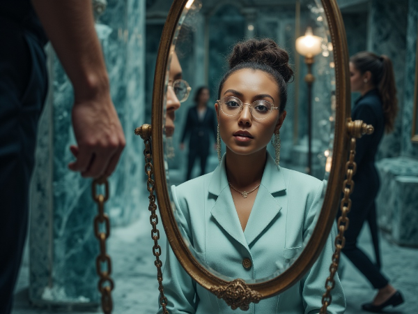 O imagine simbolică a unei femei psiholog privindu-se în oglindă și văzând reflexia propriei vulnerabilități și a tiparelor de relație nesănătoase, în timp ce începe să își stabilească limite.