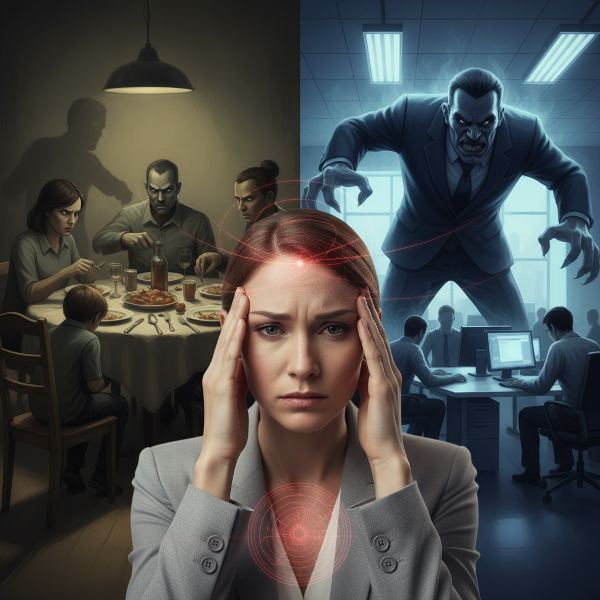 O imagine divizată care ilustrează contrastul dintre stresul psihosomatic dintr-o familie tensionată și un mediu de muncă cu un lider narcisist, cu terapeuta în centru.