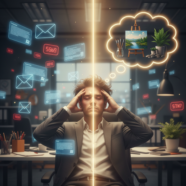 Un om epuizat într-un mediu de lucru toxic, cu simboluri ale stresului, dar cu o lumină interioară și elemente care sugerează delimitarea și mindfulness-ul.