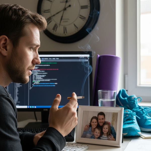 Un bărbat stresat, cu o țigară, privește o fotografie de familie, în timp ce simboluri ale unor alternative sănătoase apar în fundal.