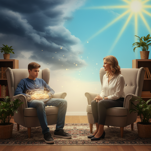 Un adolescent cu dureri psihosomatice într-un cabinet de terapie, cu un psiholog empatic, simbolizând trecerea de la trauma la vindecare.