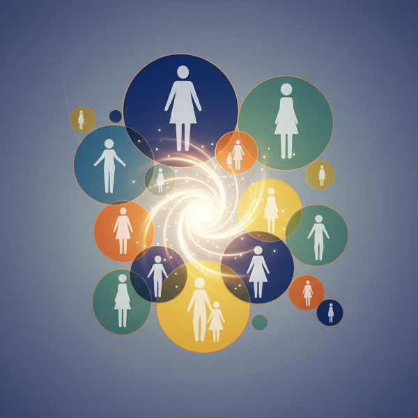 Imagine abstractă cu figuri geometrice reprezentând o familie și rolurile emoționale inconștiente.