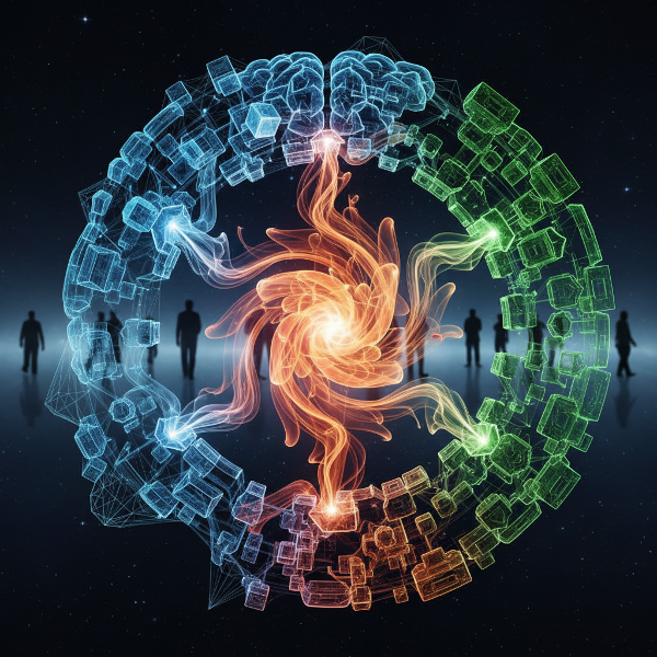 O ilustrație abstractă a creierului uman cu trei căi de gândire divergente, reprezentând analiza strategică, intuiția creativă și pragmatismul adaptiv în procesul decizional.