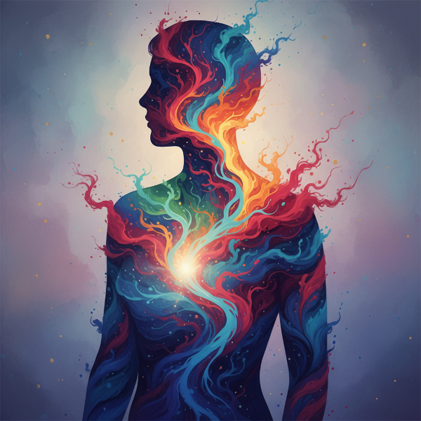 O siluetă umană abstractă cu râuri interconectate de culori ce simbolizează reacțivitatea, stabilitatea și profunzimea emoțională, iluminată din interior.