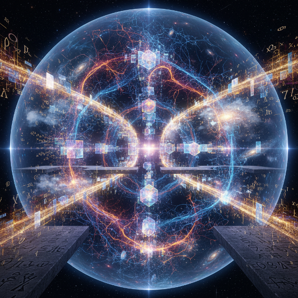 O imagine abstractă a minții ca arhitectură complexă, cu rețele neuronale care filtrează fluxuri de date, modele geometrice emergente și poduri simbolice între detalii concrete și concepte abstracte.