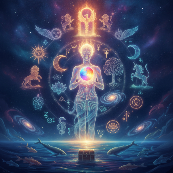 O ilustrație cosmică cu figuri simbolice (înțelept, războinic, căutător) ce se împletesc într-o spirală luminoasă, reflectând introspecție și transformare personală.