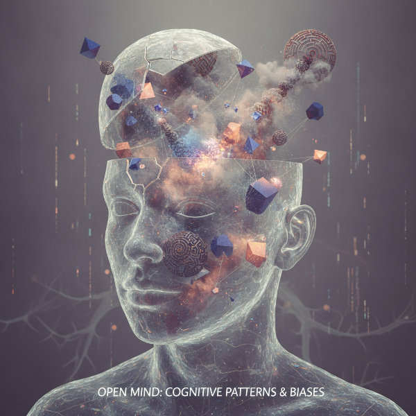 O ilustrație a unei minți deschise cu gânduri reprezentate ca forme geometrice și ceață, simbolizând tiparele cognitive și prejudecățile.