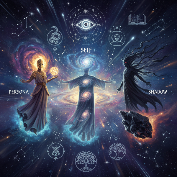 Un peisaj cosmic ce reprezintă mintea umană, cu siluete arhetipale evazive emergând din ceață și stele, ilustrând călătoria introspectivă spre sine.