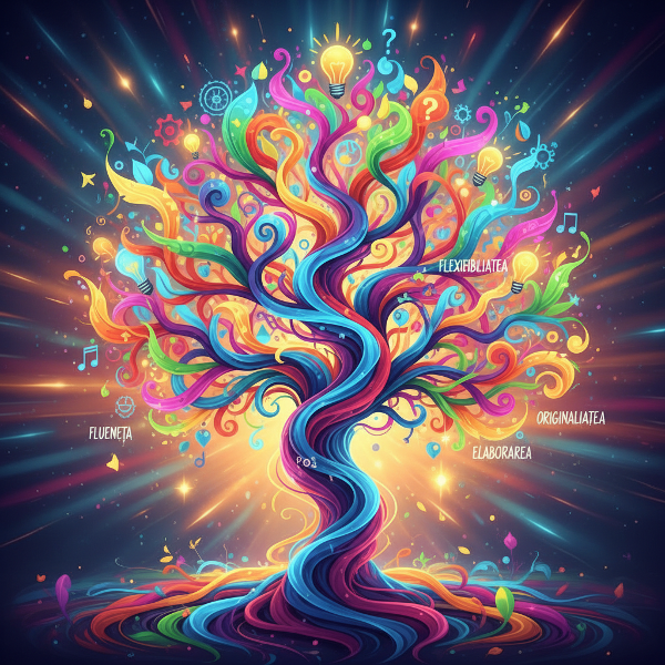 Ilustrație abstractă a unei minți creative reprezentată ca un arbore cu ramuri complexe și idei sclipitoare, simbolizând cele patru parametri chei ai creativității.