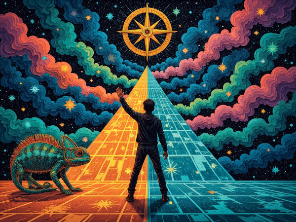 O imagine simbolică a unei persoane la o răscruce, cu două căi diferite reprezentând logica și intuiția, un cameleon pe umăr pentru adaptabilitate și o busolă care indică spre risc și siguranță.