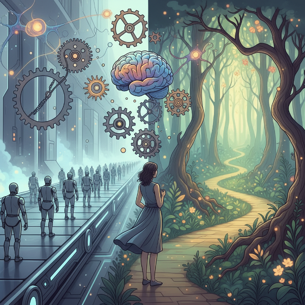 O ilustrație simbolică a alegerii între decizii automate și conștiente, cu o persoană la răscruce între o bandă rulantă mecanică și o potecă naturală, înconjurată de elemente abstracte ce reprezintă gândirea.