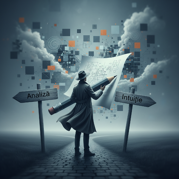O ilustrație metaforică a luării deciziilor, arătând o răscruce între analiză și intuiție, cu elemente ce sugerează gândirea și incertitudinea.