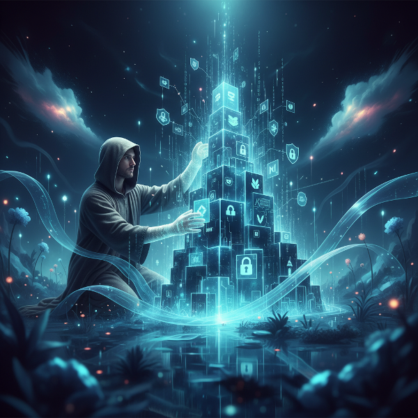 O imagine care arată o persoană construind o fortăreață digitală strălucitoare din fluxuri de date și icoane de securitate, într-un peisaj virtual abstract și liniștit.